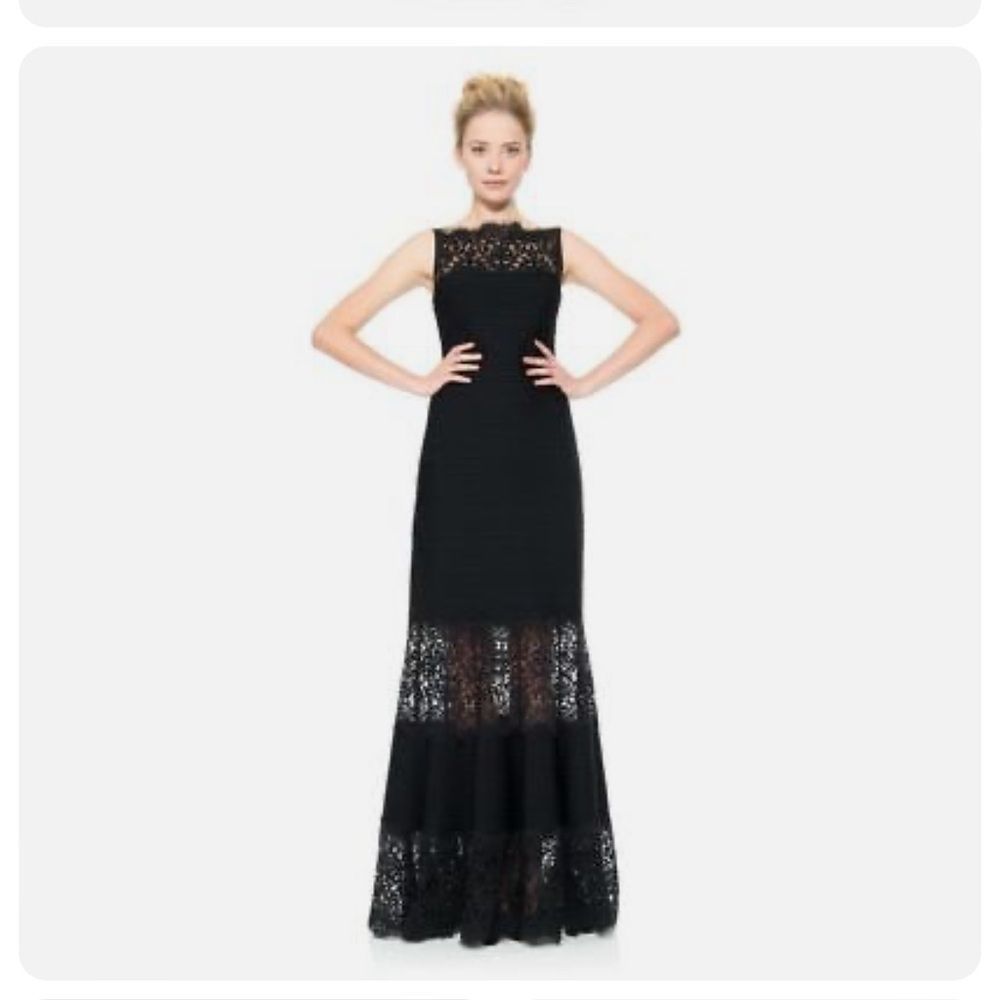 Tadashi Shoji embroidered illusion lace gown